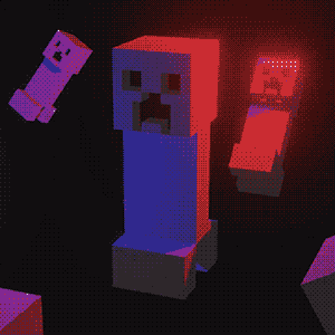 Modelo 3D de creepers de minecraft volando por el espacio