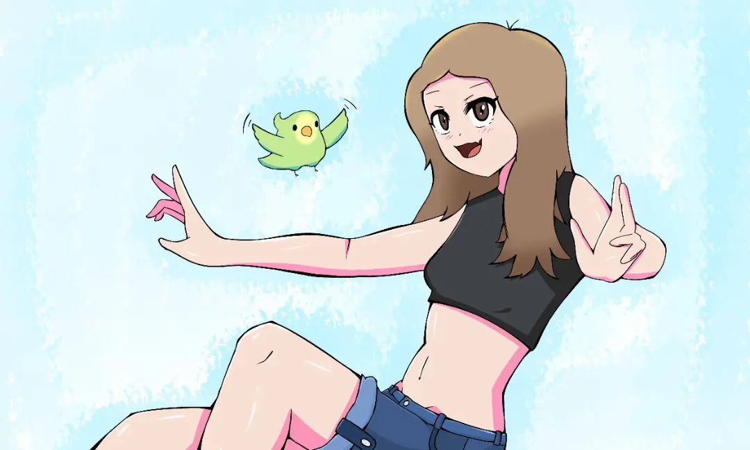 Retrato de chica y pajaro agaporni